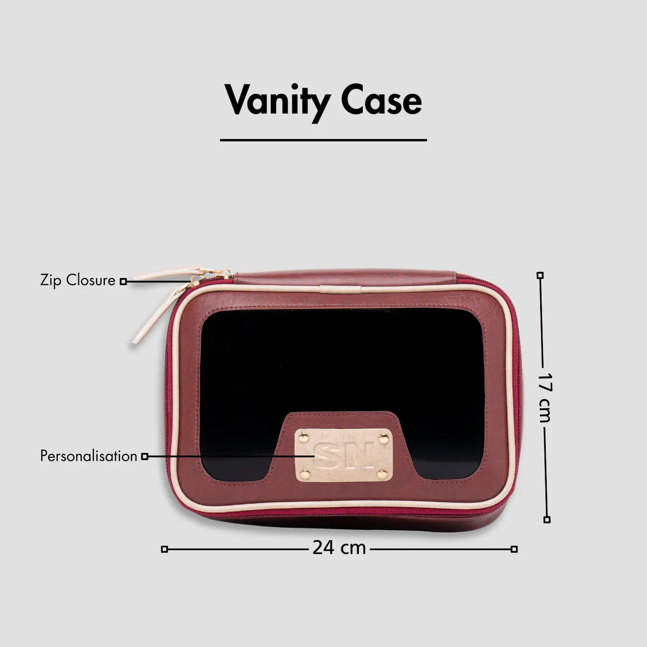 Maroon vanity case with zip closure, personalization, and size dimensions displayed
