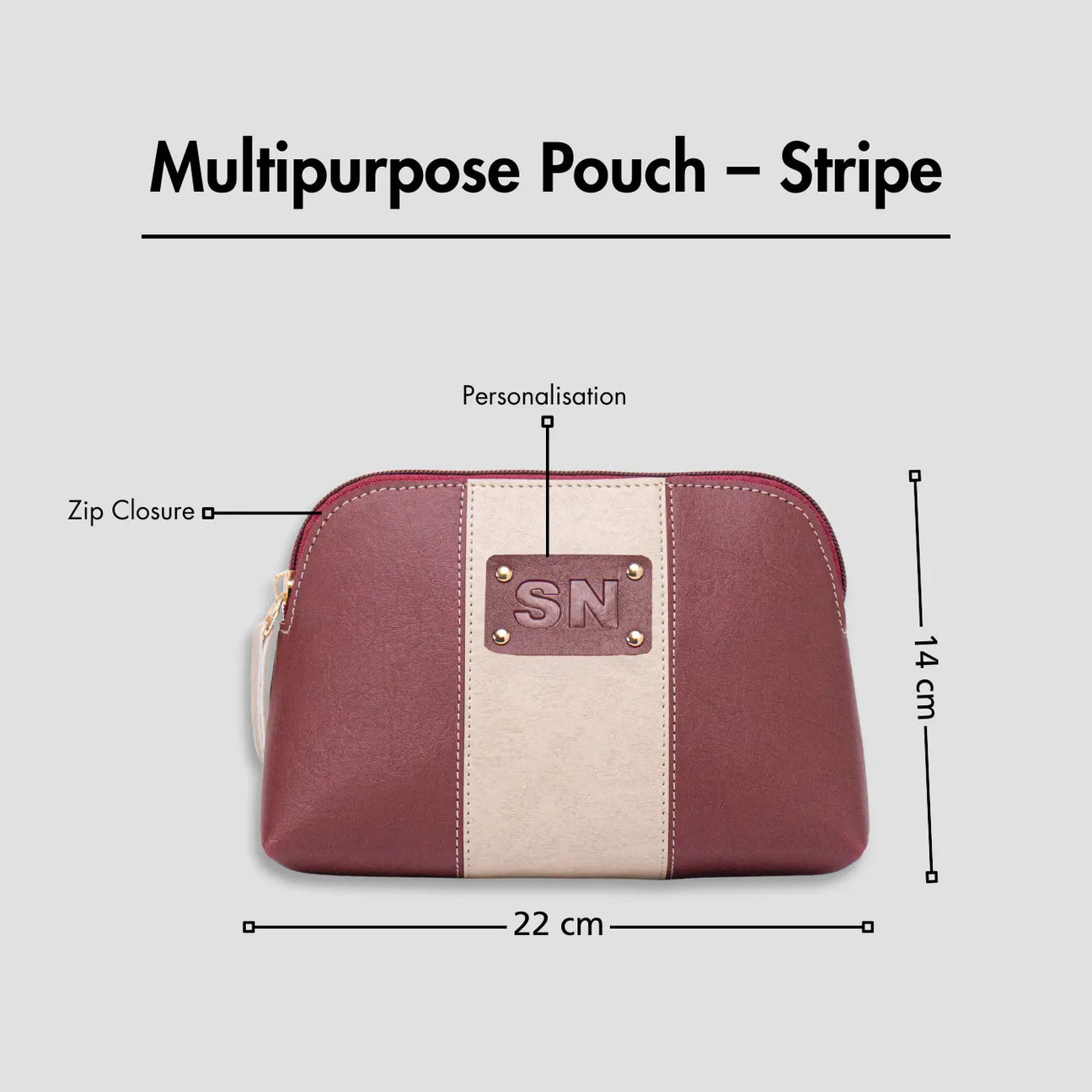 Maroon multipurpose pouch with zip closure, personalization, and size dimensions displayed