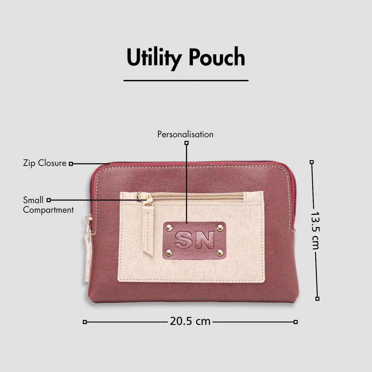 Maroon utility pouch with zip closure, personalization, and size dimensions displayed