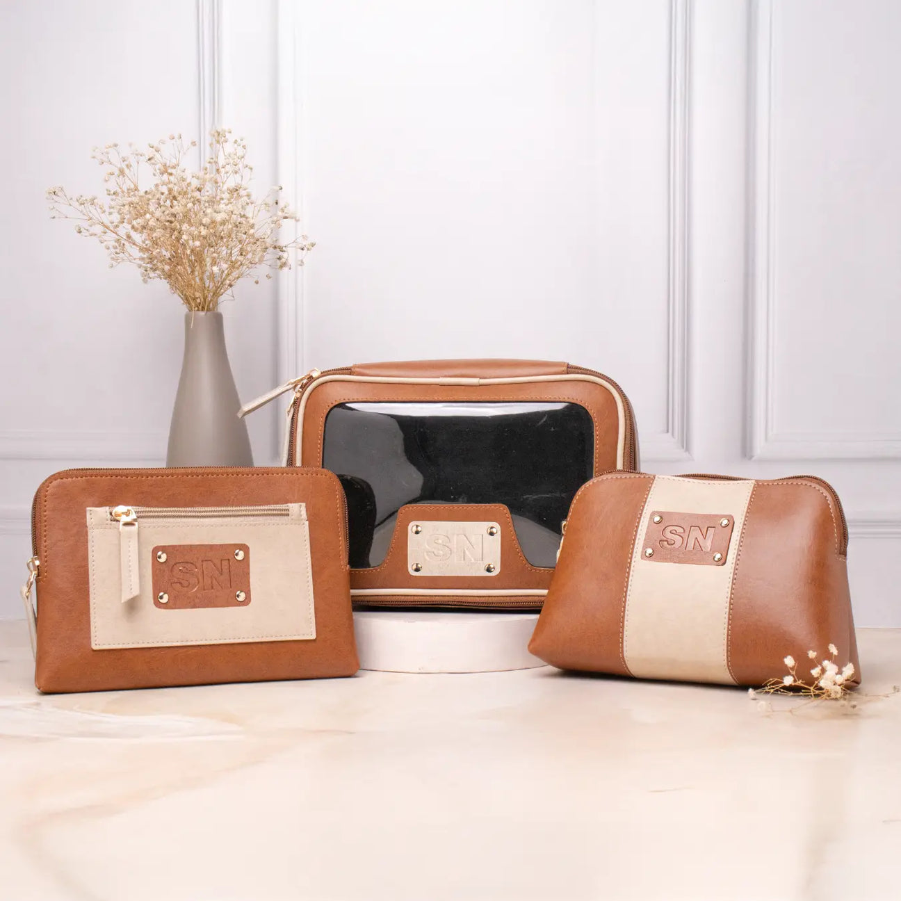Personalized tan vanity pouch, utility pouch, multipurpose pouch with name plate detailing