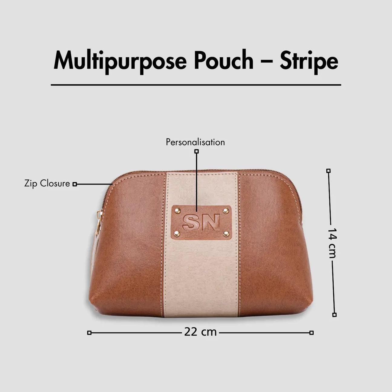 Tan multipurpose pouch with zip closure, personalization, and size dimensions displayed