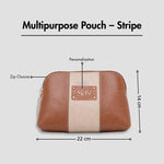 Tan multipurpose pouch with zip closure, personalization, and size dimensions displayed