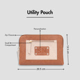 Tan utility pouch with zip closure, personalization, and size dimensions displayed