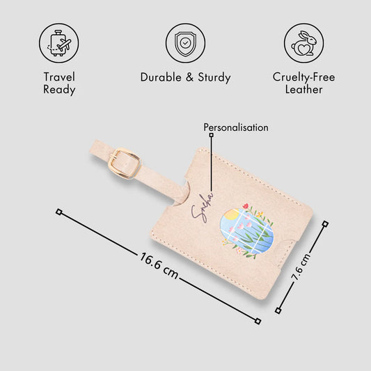 Beige personalised luggage tag with size details