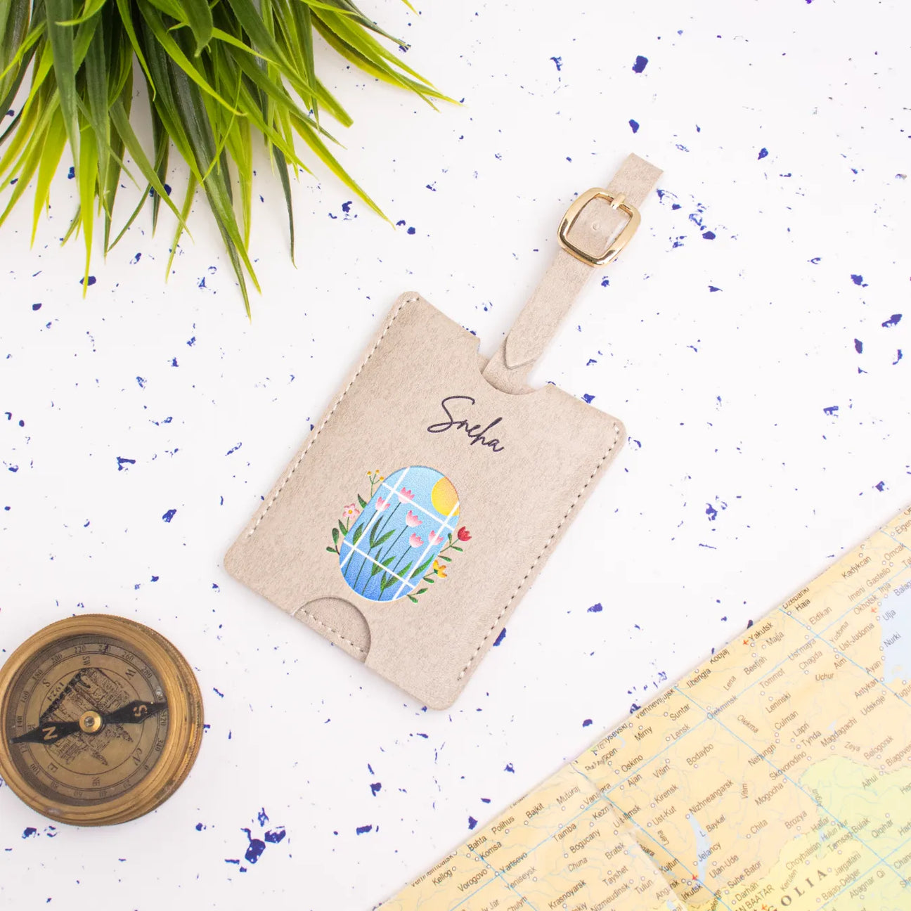 Personalised Beige floral luggage tag