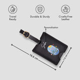 Black personalised luggage tag with size details