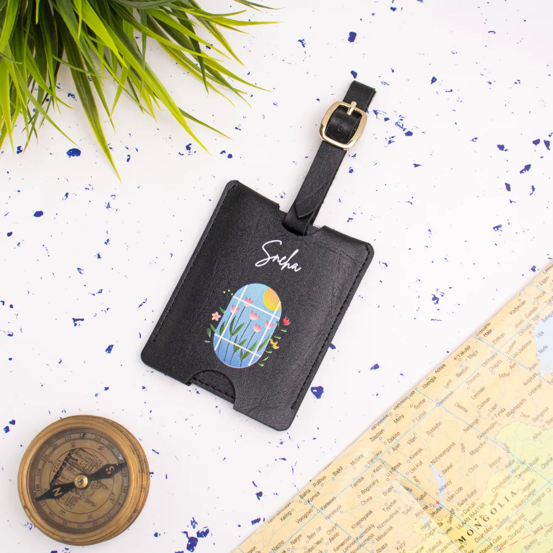 Personalised Black floral luggage tag