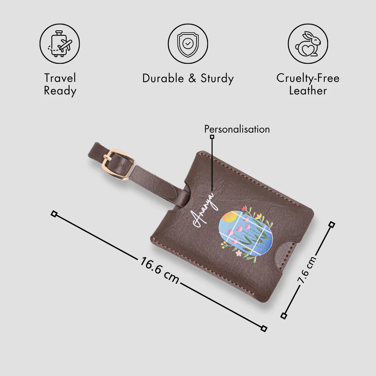 Brown personalised luggage tag with size details