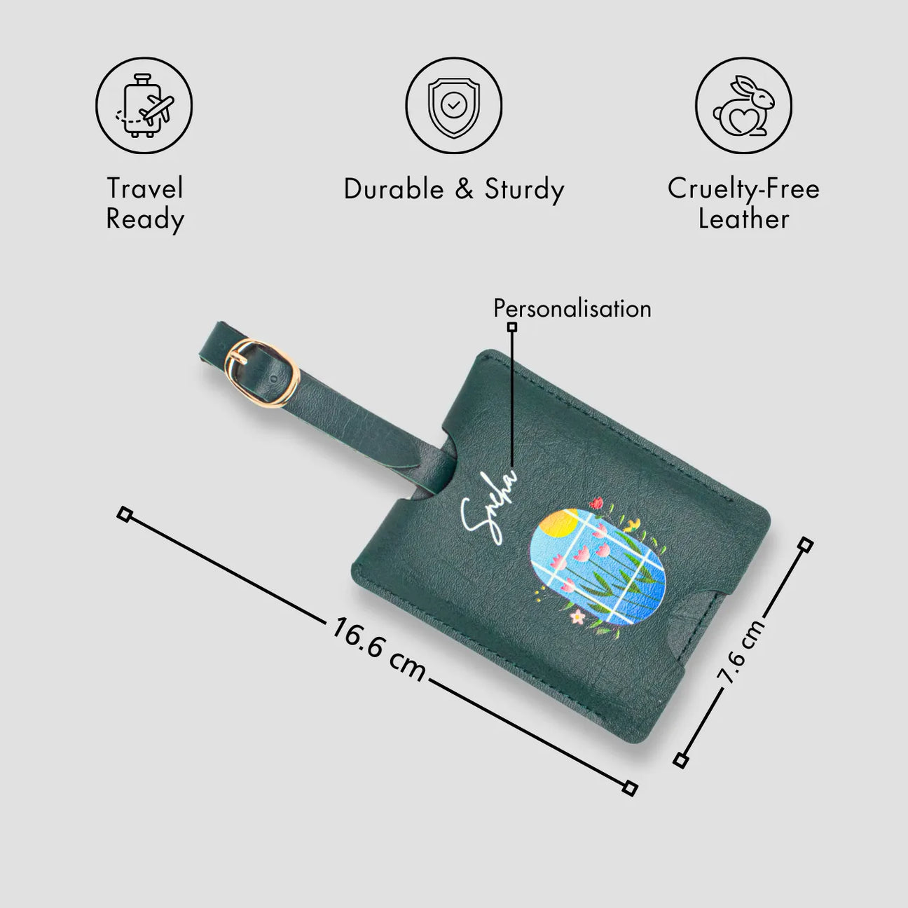 Green personalised luggage tag with size details