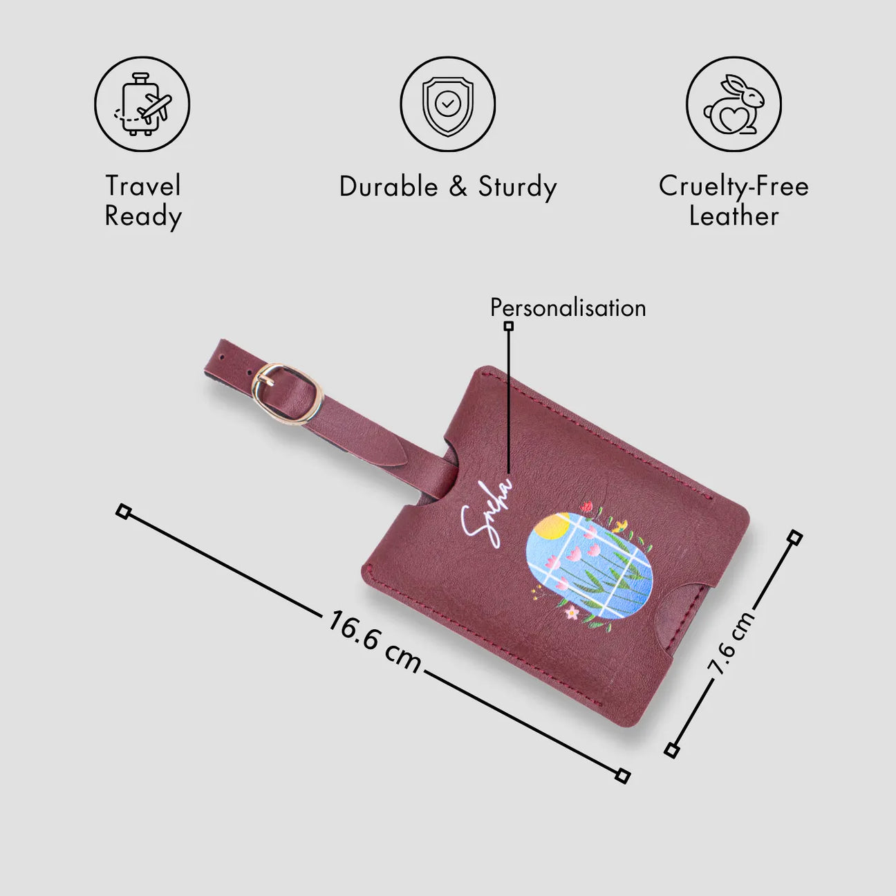 Maroon personalised luggage tag with size details