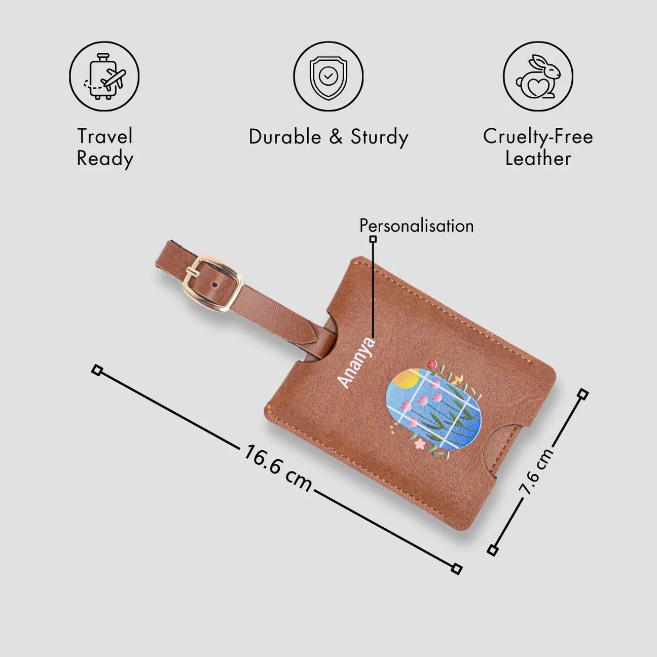 Tan personalised luggage tag with size details